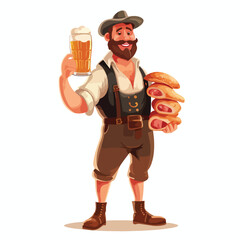 Traditional Bavarian Man Holding Sausage and Beer Vector Illustration for Oktoberfest Promotion