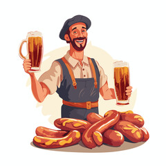 Traditional Bavarian Man Holding Sausages and Beers Vector Illustration