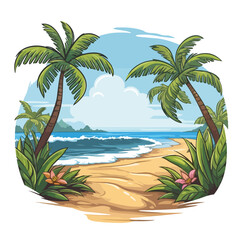 Tropical Beach and Summer View Scenery with Leaves Cartoon Illustration