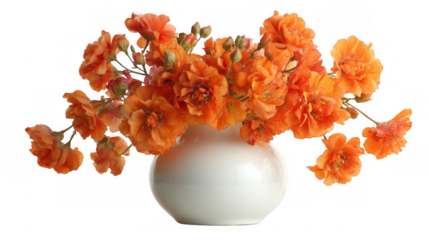 Vibrant orange flowers arranged in a simple white vase create a cheerful and elegant display, perfect for adding a touch of color to any design project, thanks to the transparent background
