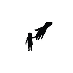 Silhouette of an adult hand holding a child’ hand, symbolizing protection on white background