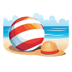 Colorful Beach Ball, Sun Bronzers, and Stylish Summer Hat on Sandy Beach for Summer Vibe Concepts