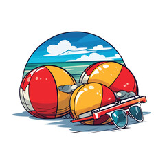 Colorful Beach Ball, Sun Hat, and Flight Tickets Cartoons Vector Illustration for Summer Travel Designs