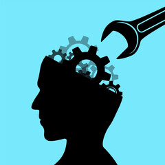Wrench tool repairs gears in human head. Vector illustration