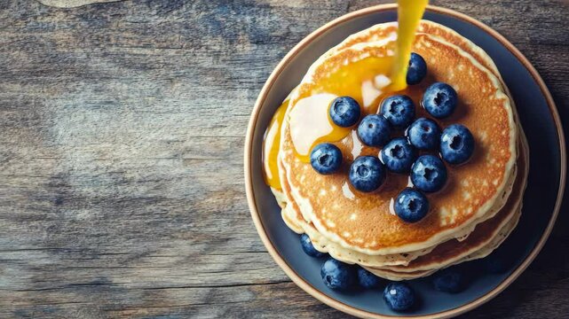 A close-up view of a stack of fluffy pancakes topped with fresh blueberries, drizzled with sweet syrup, and served on a wooden table.