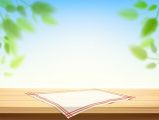 Wooden kitchen table with napkin against a defocused nature outdoor background. Vector illustration