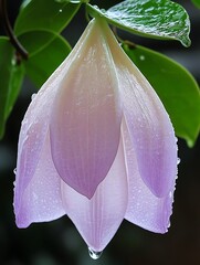 A delicate and wet lavender flower hanging from a branch