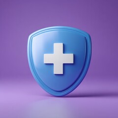 Obraz premium Blue Shield Icon 3D Render Medical Protection Healthcare Symbol Digital Art Graphic Design Element Modern Minimalist Style Purple Background Clean Design Professional Health Insurance Safety Security 