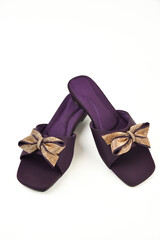 Stylish Purple Flat Sandals for Women – Glitter Bow Design on Square Toe Slide Shoes on White Background