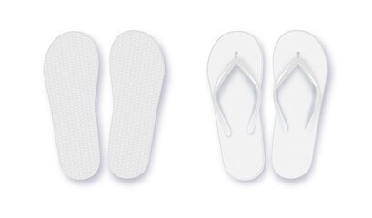 Realistic 3d White Blank Empty Flip Flop Closeup Isolated on White Background. Design Template of Summer Beach Flip Flops Pair Mockup. Vector
