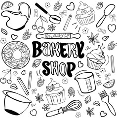 Baking doodle vector illustration. Set for bakery. Bakery shop: ingredient, decorations, berry, tools, sweet bakery. Collection in doodle style outline and lettering. for cafe, menu