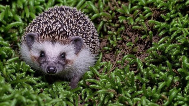 Curious hedgehog wandering across verdant moss covered ground, sniffing surroundings with keen senses while exploring peaceful woodland ecosystem, displaying natural wildlife behavior