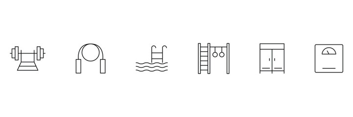 Gym and fitness outline icon set. Fitness and wellness healthy lifestyle. Fitness icon, Gym icon, Healthy Lifestyle, Weight Training, Body care. Vector illustration.