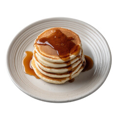 A stack of fluffy pancakes drizzled with rich maple syrup, served on a decorative plate. Perfect for breakfast or brunch enthusiasts.