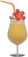 Tropical cocktail with hibiscus flower and orange straw 3D rendering