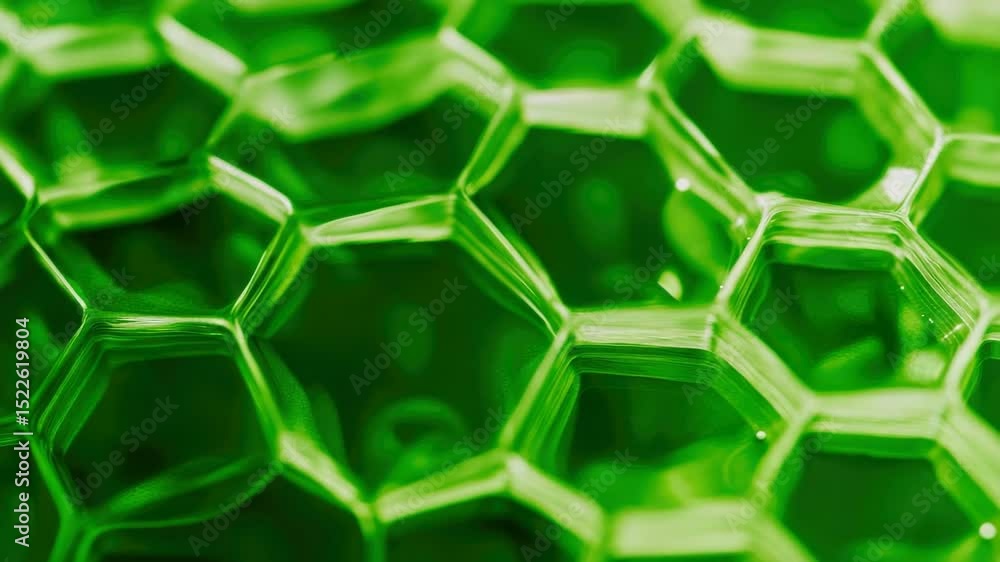 Poster this features a close-up of bright green hexagonal glass beads or spheres with a shiny, transparent 