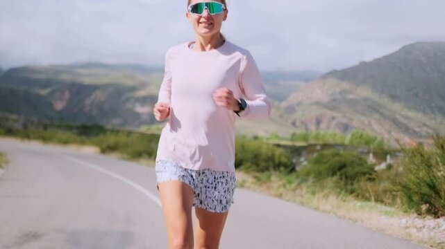 A tenacious female athlete in shorts and a long sleeve runs with muscular legs along a winding road through a sunlit mountain valley, building strength and endurance on rugged terrain.