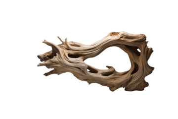 Intricate, weathered driftwood piece with a naturally formed hole, perfect for decor. background removed