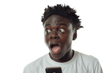 Portrait of thoughtful man reading message on phone with subtle smile, isolated against on PNG transparent and white background. For lifestyle, communication, tech, and social media use.

