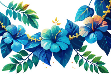 abstract floral background with flowers. Blue hibiscus garland with long teal leaves, on white background