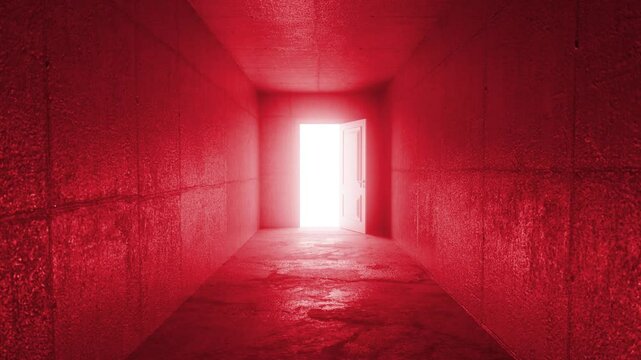 Soft radiant light gradually spreading across red concrete corridor, white door slowly opening, revealing luminous pathway symbolizing transformative journey of hope and emerging opportunity