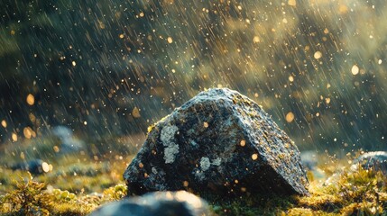A large stone in a sunlit rain shower.