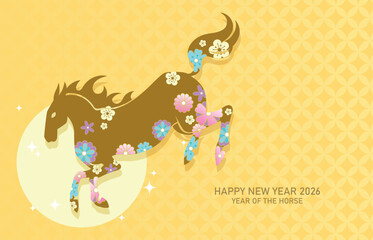 Zodiac horse silhouette with flowers pattern vector illustration. Chinese new year of the horse 2026 banner.