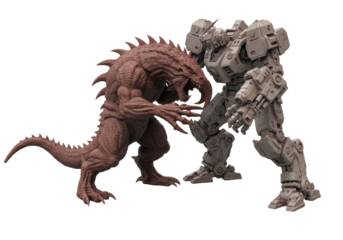 Epic Confrontation Between a Fiery Beast and a Metallic Robot Against a Transparent Background