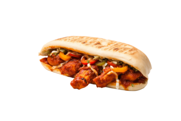 Delicious grilled chicken sandwich with spicy sauce, fresh vegetables, and creamy dressing. background removed