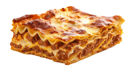 Delicious freshly baked lasagna with crispy edges, showing layers of pasta, meat sauce, and melted cheese, isolated on a transparent background, perfect for food related projects