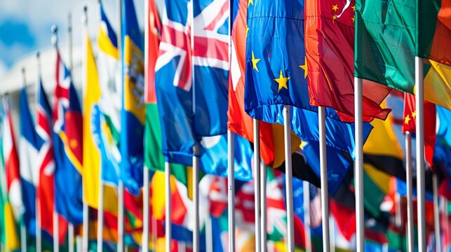 A colorful display of international flags representing global business opportunities and unity