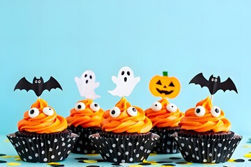 Obraz premium Festive halloween cupcakes with orange frosting and cute decorations on a blue background