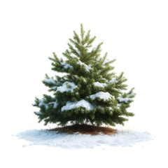 Fototapeta premium A vibrant green pine tree covered in fresh white snow, standing majestically against a white isolated background. Perfect for winter-themed designs and decorations.