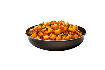 A delicious bowl of spiced potatoes and peas, a vibrant and flavorful Indian dish. background removed