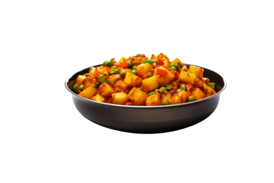A delicious bowl of spiced potatoes and peas, a vibrant and flavorful Indian dish. background removed