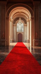 Fototapeta premium Elegant interior with red carpet leading to ornate doorway in grand hall illuminated by chandelier