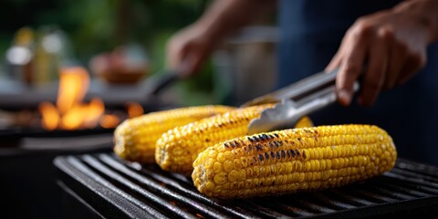 food photography, close-up shot of stainless steel barbecue tongs holding charred corn on the cob, with a blurred outdoor kitchen and chef in the background