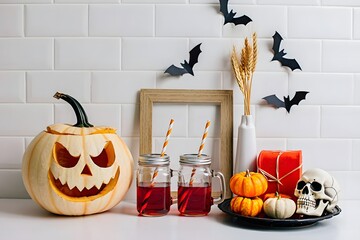 Festive halloween decorations featuring carved pumpkin drinks bats and assorted holiday elements