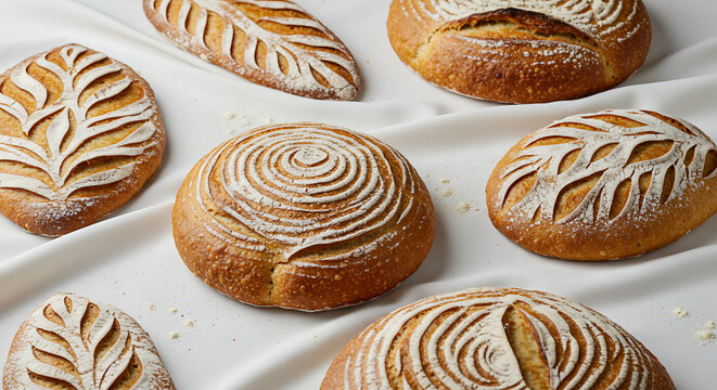 Artisan sourdough bread. Assortment of freshly baked loaves with beautiful scoring patterns (leaf, spiral) & golden crust, displayed on white linen cloth. Bakery craft, homemade bread food photography