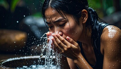 Obraz premium a woman cleans her face, close up, there is some splash of water