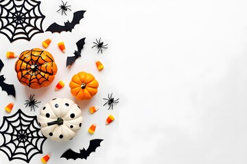 Festive halloween decorations featuring pumpkins bats spiders candy corn and spiderwebs on white surface