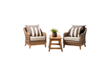 Two wicker armchairs with striped cushions and a wooden coffee table, creating a cozy patio setting. background removed