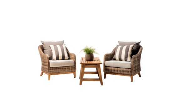 Two wicker armchairs with striped cushions and a wooden coffee table, creating a cozy patio setting. background removed - Powered by Adobe
