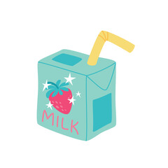 Hand drawn cute strawberry milk in green box. Sweet beverage design vector illustration