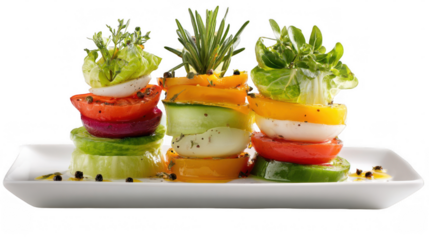 Sliced cucumbers, tomatoes, onions, peppers, mozzarella cheese, and fresh herbs stacked into colorful towers on a white rectangular plate against a transparent background