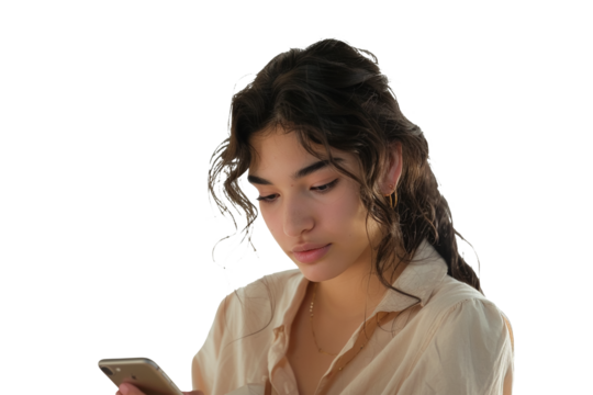 Portrait of thoughtful woman reading message on phone with subtle smile, isolated against on PNG transparent and white background. For lifestyle, communication, tech, and social media use.

