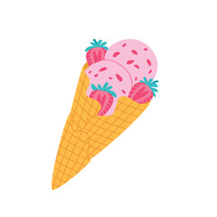 Strawberry ice cream in a waffle cone. Flat style berry fruit dessert vector illustration