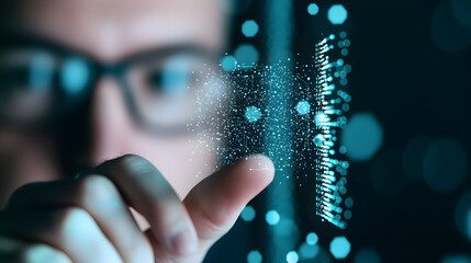 A person interacts with a digital hologram, visualizing data and futuristic technology with a touchscreen-like gesture.