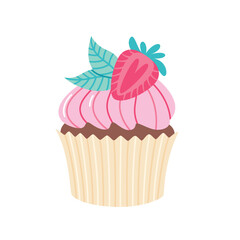 Strawberry cupcake. Berry fruit muffin with cream. Flat style sweet dessert vector illustration