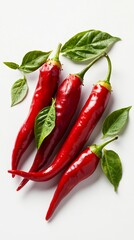 Fresh red chili peppers paired with vibrant basil leaves create a visually striking composition that adds color and flavor to any culinary setting or food styling project.